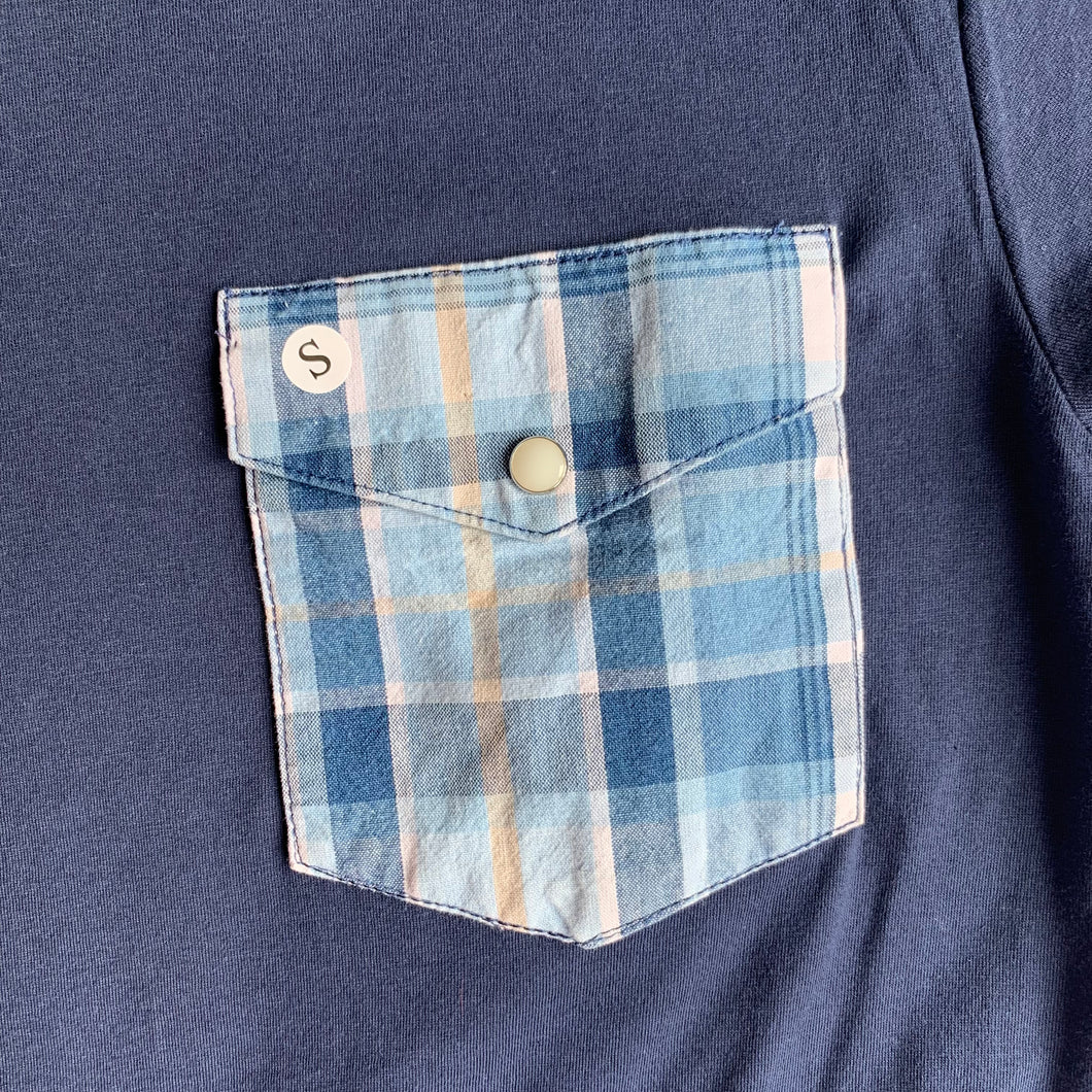 Pearl Pocket Tee- Navy/light blues/Tan (SMALL ONLY)